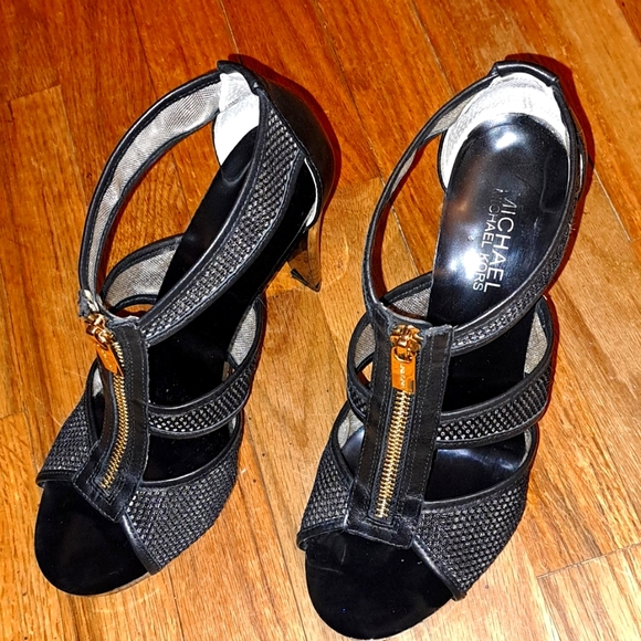 MICHAEL Michael Kors Shoes - Michael Kors Heels. Gold Tone Monogram Zip Front Open Toe. Sz 7 1/2 Medium